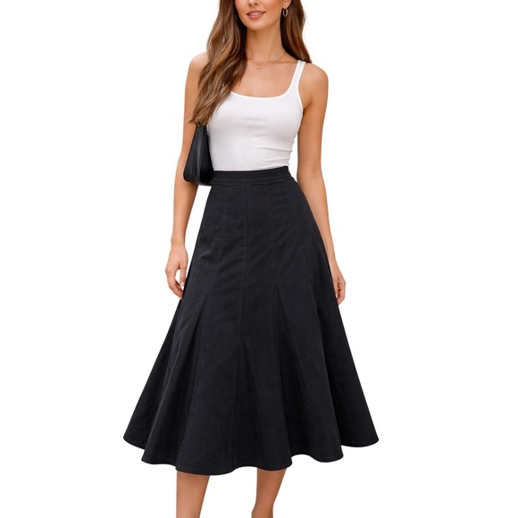 Larry Levine Dresses & Skirts - Larry Levine Black Tulip Flared Midi Skirt Rayon Blend Gored Size 12 Office Work